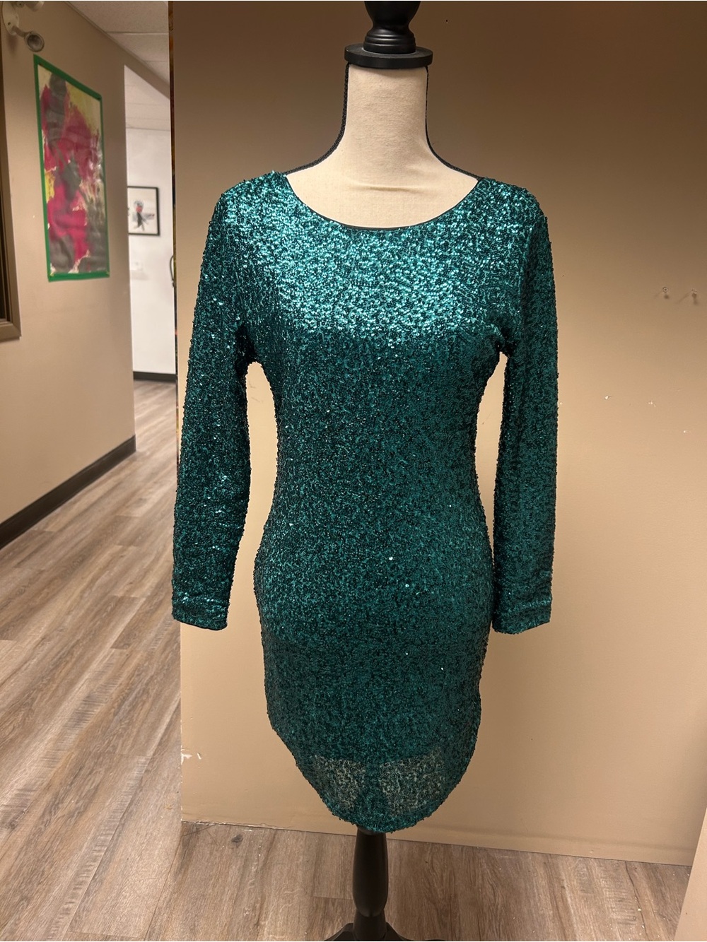 Sequin Long-Sleeve Sheath Dress in Teal